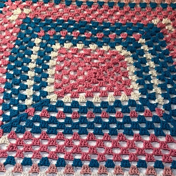 VTG Handmade Crochet Granny Square Afghan Blanket Pink Blue White Cozy Home - Picture 9 of 16
